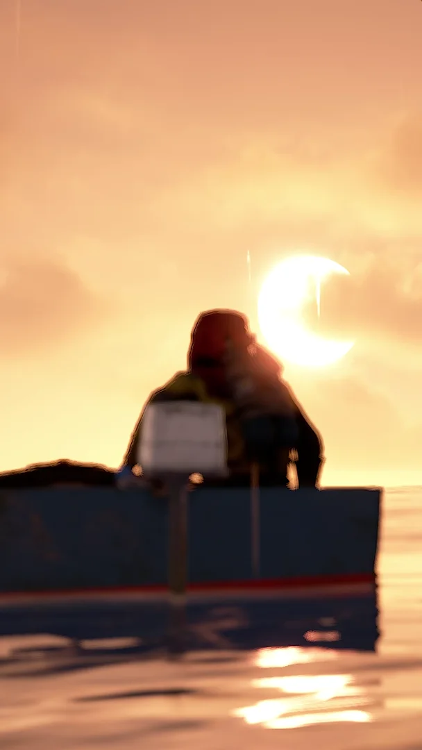Rust: one player alone in a boat at sunset off a rocky island