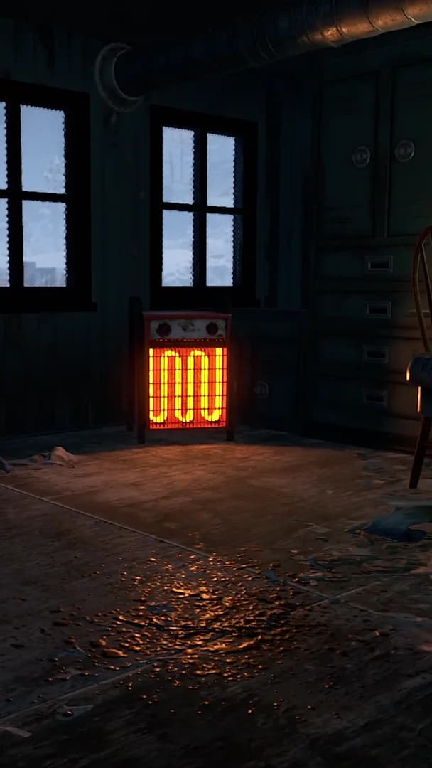 Rust: an empty room in a base at night, only the heater still glowing
